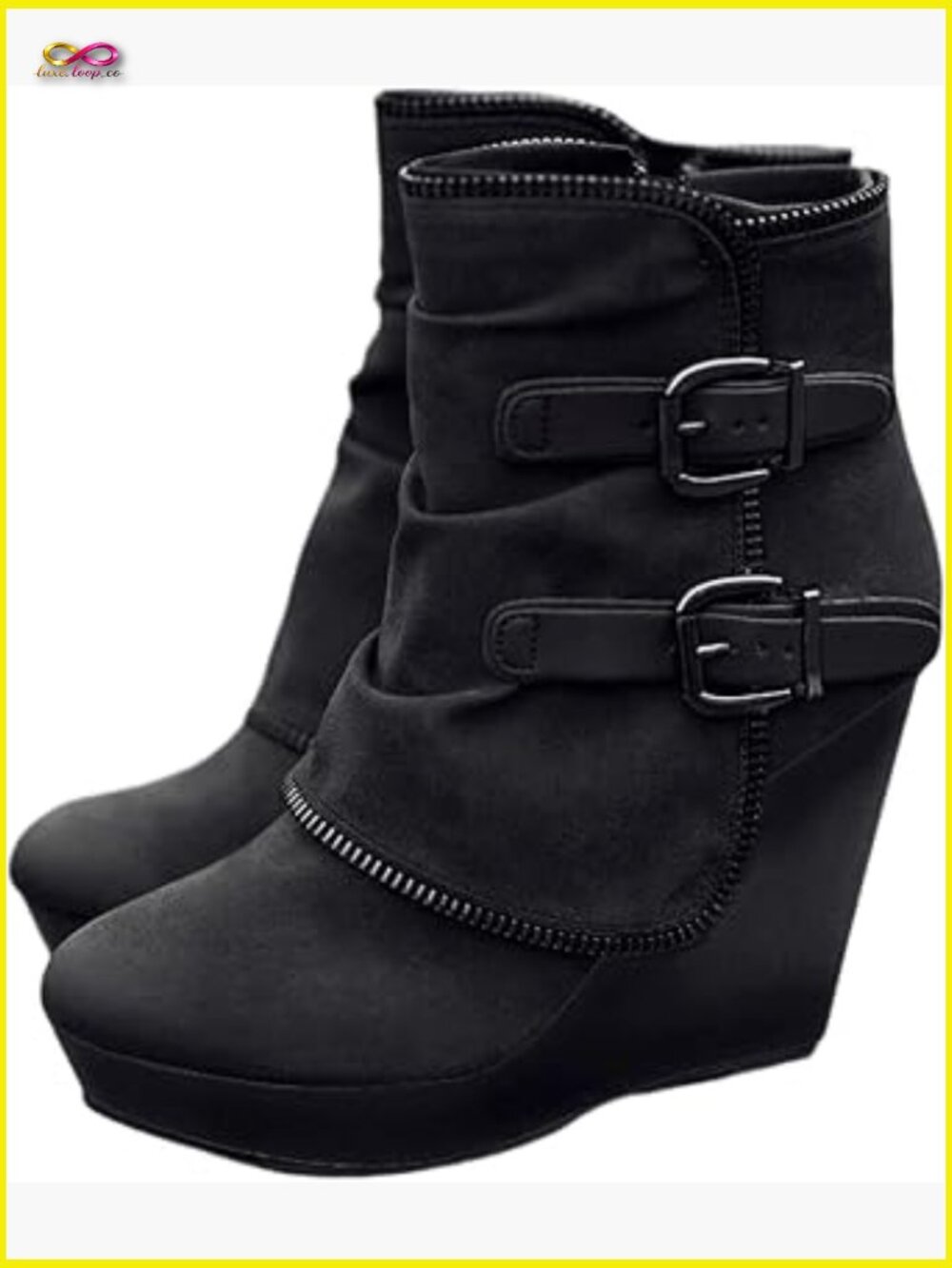 Wedge Ankle Boots Chunky Heel Faux Suede Platform Comfort Buckle Zipper Women's